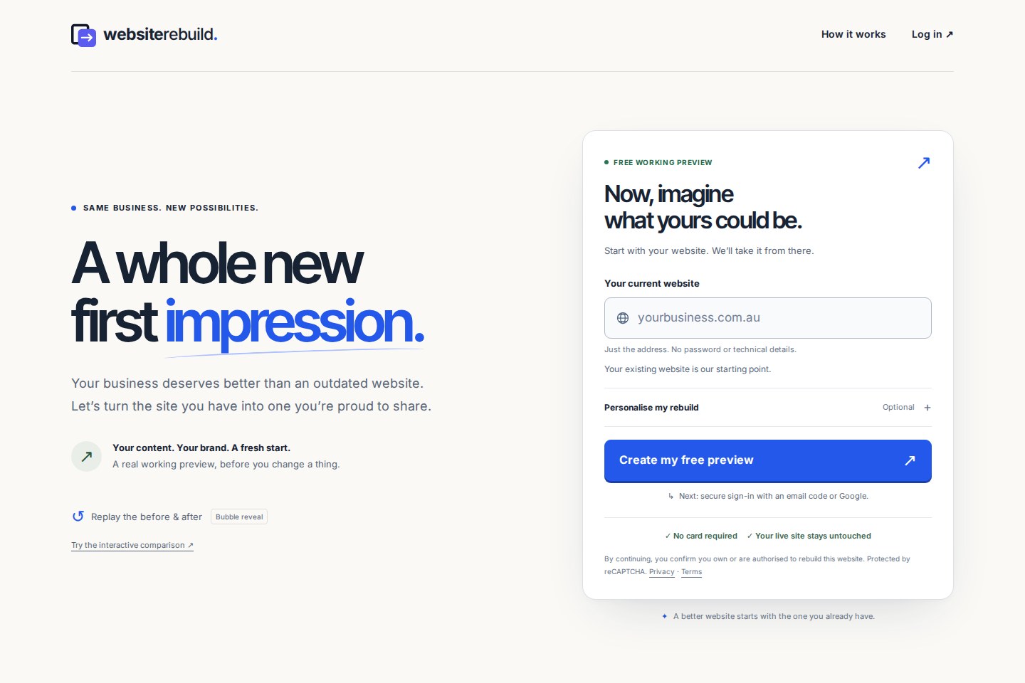 After: the modern Website Rebuild example, with clear typography, more space and an easy-to-find preview form.