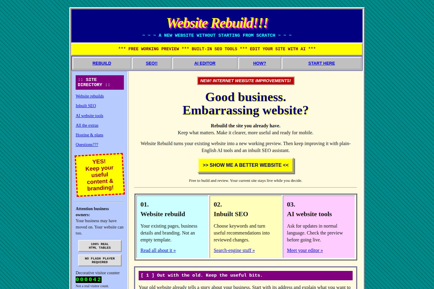 Before: the deliberately dated Website Rebuild example, with crowded tables, bright colours and a cluttered sidebar.